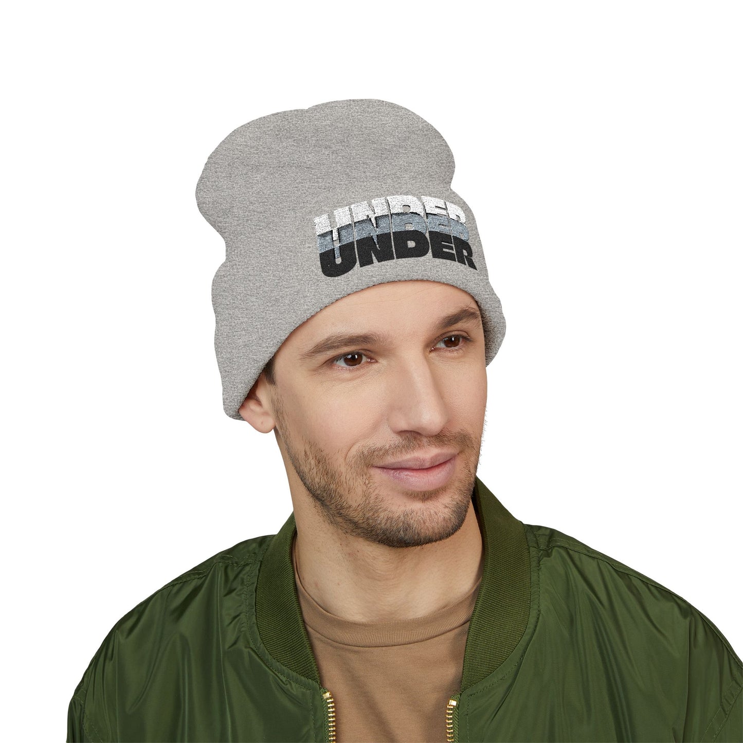 'under' bold font embroidered beanie - unisex cuffed stretch toque