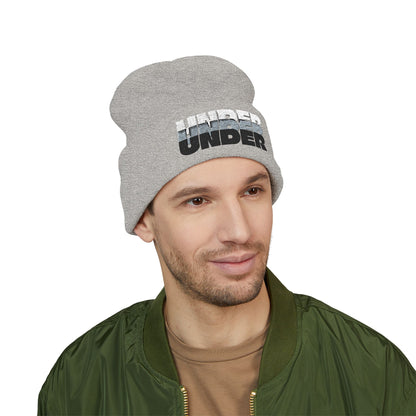 'under' bold font embroidered beanie - unisex cuffed stretch toque