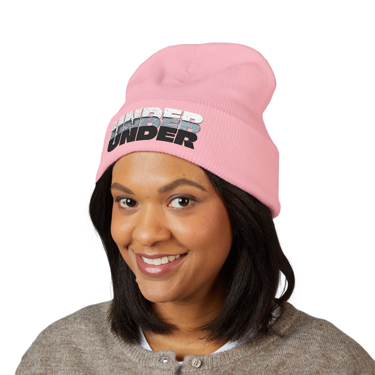 'under' bold font embroidered beanie - unisex cuffed stretch toque