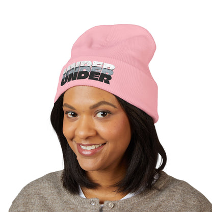 'under' bold font embroidered beanie - unisex cuffed stretch toque