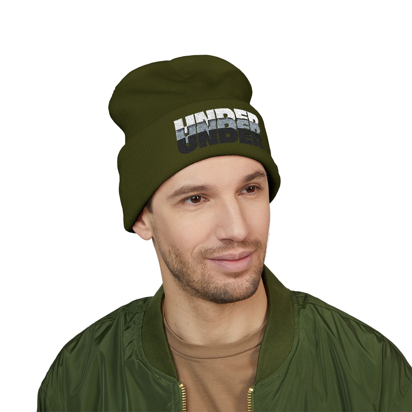 'under' bold font embroidered beanie - unisex cuffed stretch toque