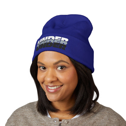 'under' bold font embroidered beanie - unisex cuffed stretch toque