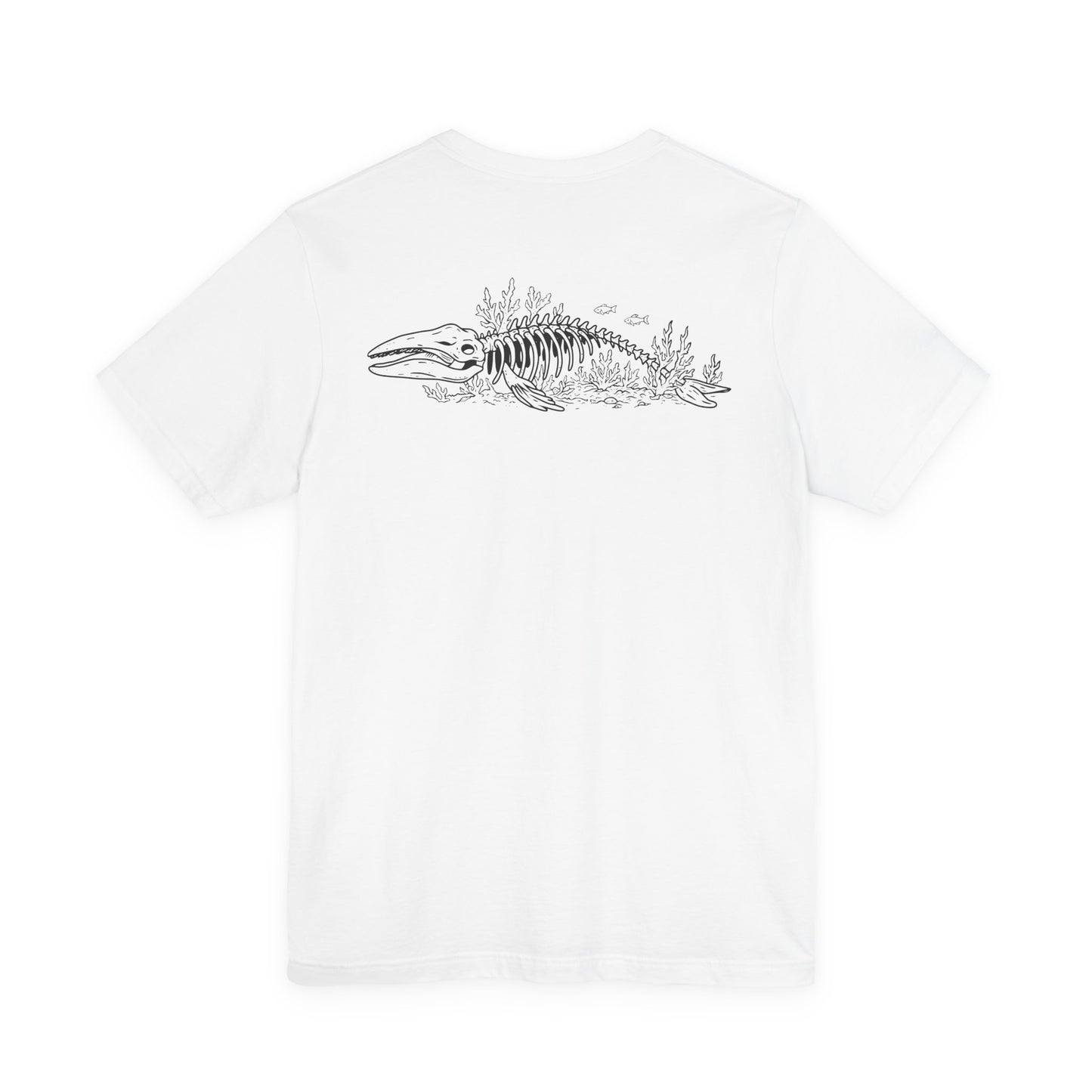 something still blooms here - whale skeleton and coral graphic t-shirt