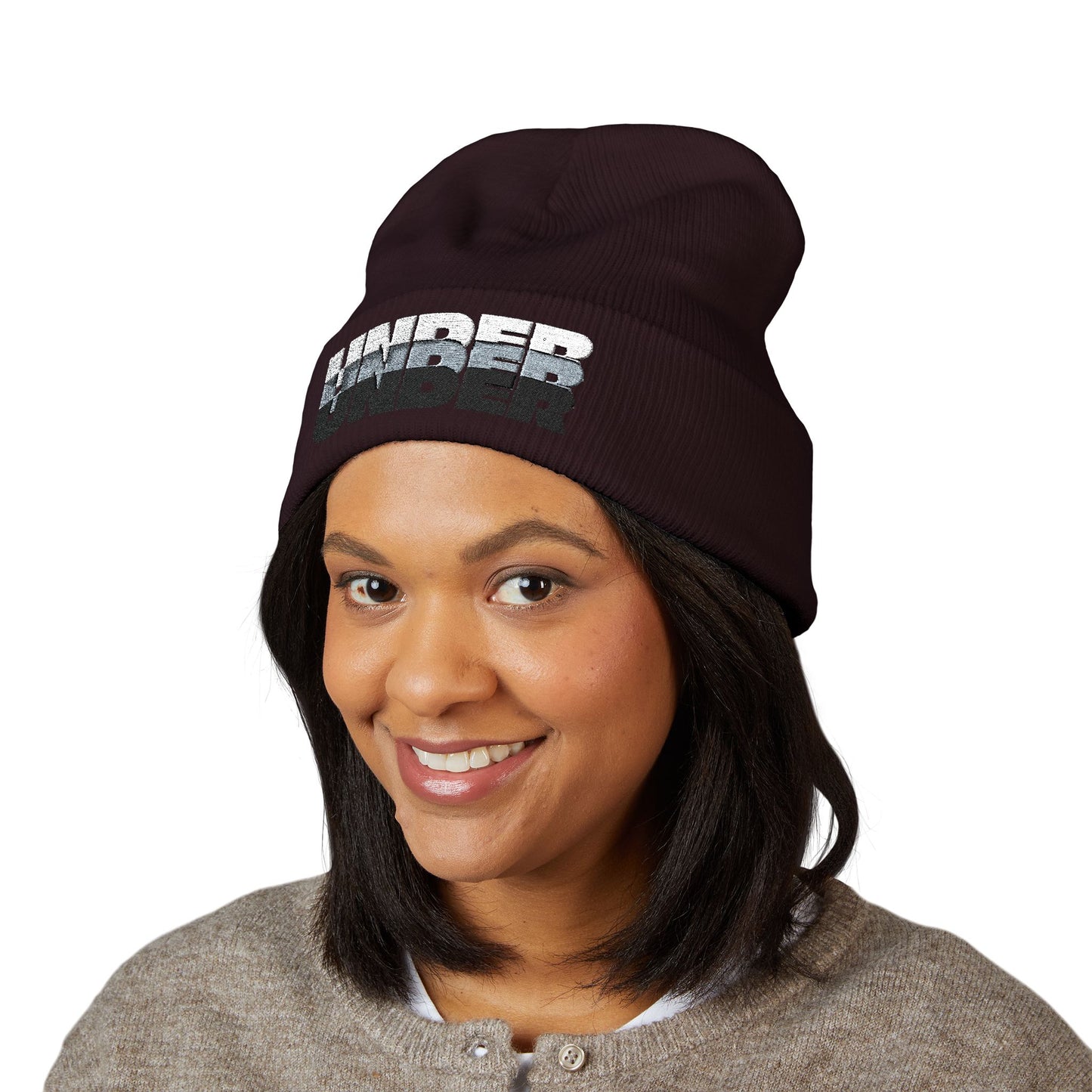 'under' bold font embroidered beanie - unisex cuffed stretch toque