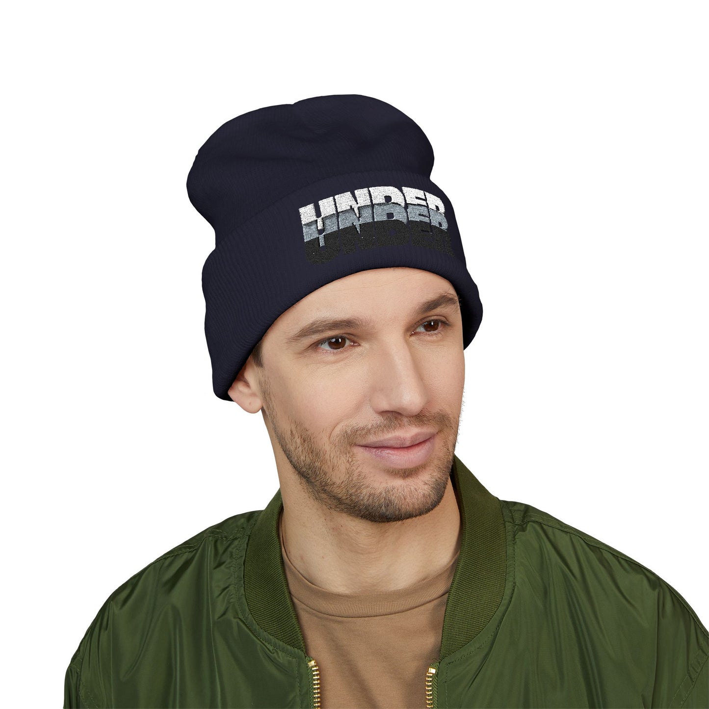 'under' bold font embroidered beanie - unisex cuffed stretch toque