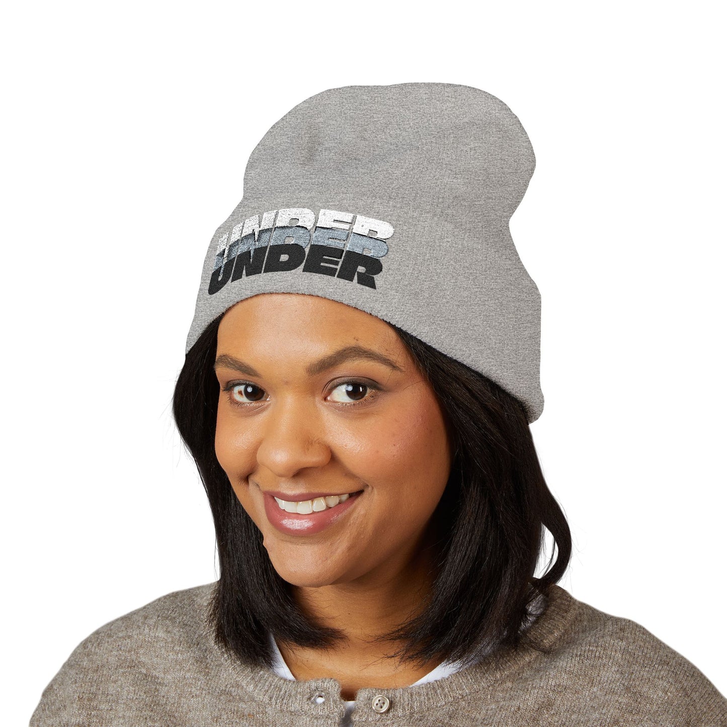 'under' bold font embroidered beanie - unisex cuffed stretch toque