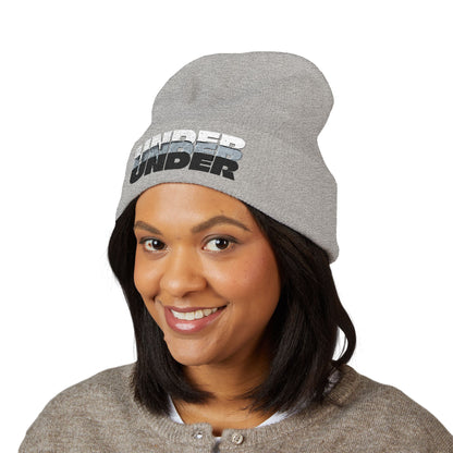 'under' bold font embroidered beanie - unisex cuffed stretch toque