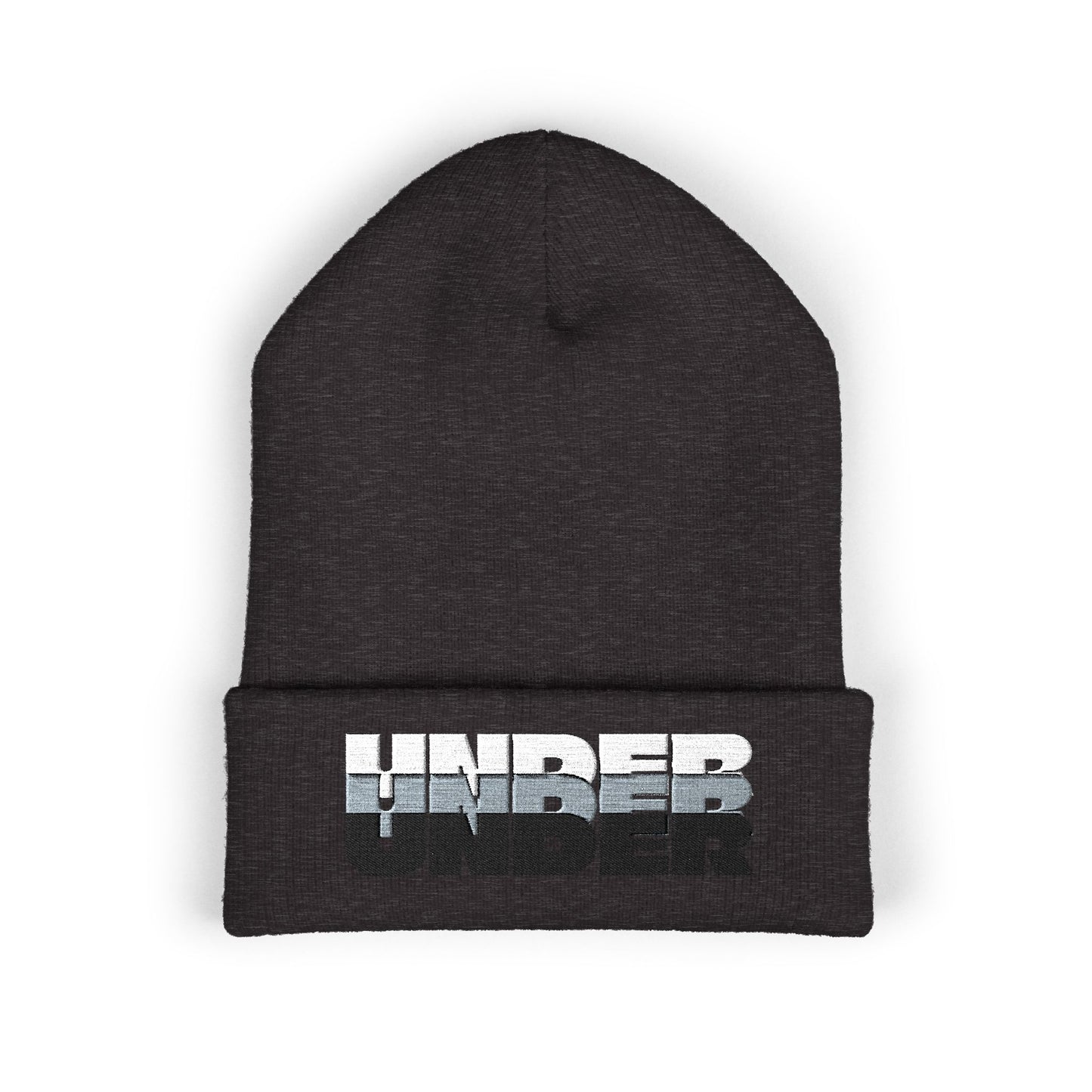 'under' bold font embroidered beanie - unisex cuffed stretch toque