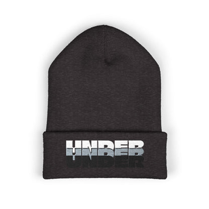 'under' bold font embroidered beanie - unisex cuffed stretch toque